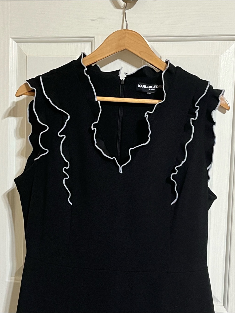 Karl Lagerfeld Black Sleeveless Dress with White Ruffle Trim.
19-20